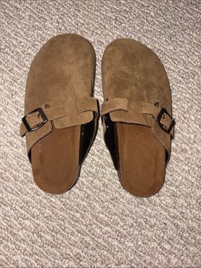 Suede Slip-On Clog Sandals in Brown